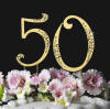 the number 50 is availabe in gold-plated sparkle cake topper for 50th wedding anniversaries and birthdays