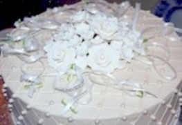 the charms are on the top fo this cake under rose flower decorations
